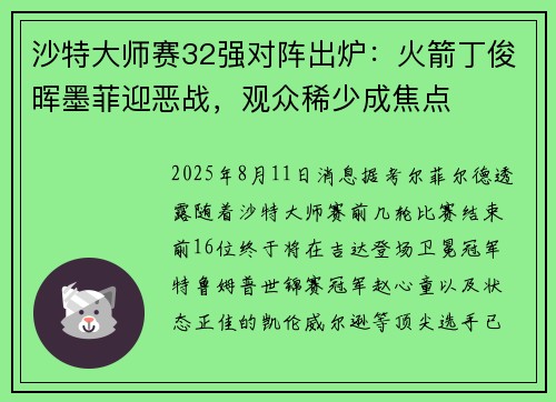 沙特大师赛32强对阵出炉：火箭丁俊晖墨菲迎恶战，观众稀少成焦点